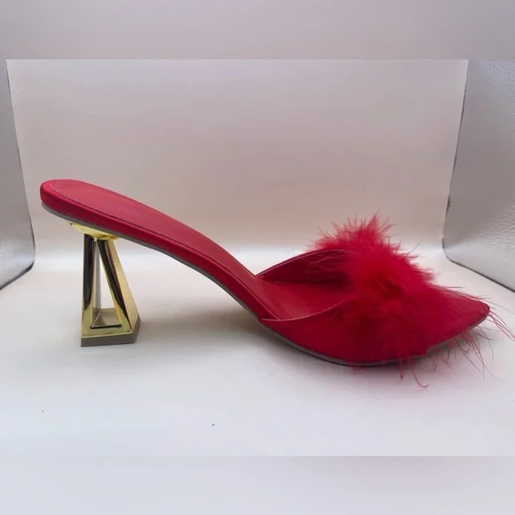 Red Satin Feather Mule Heels • Gold Block Heel • EU 40 (US 9–9.5) - Picture 4 of 8